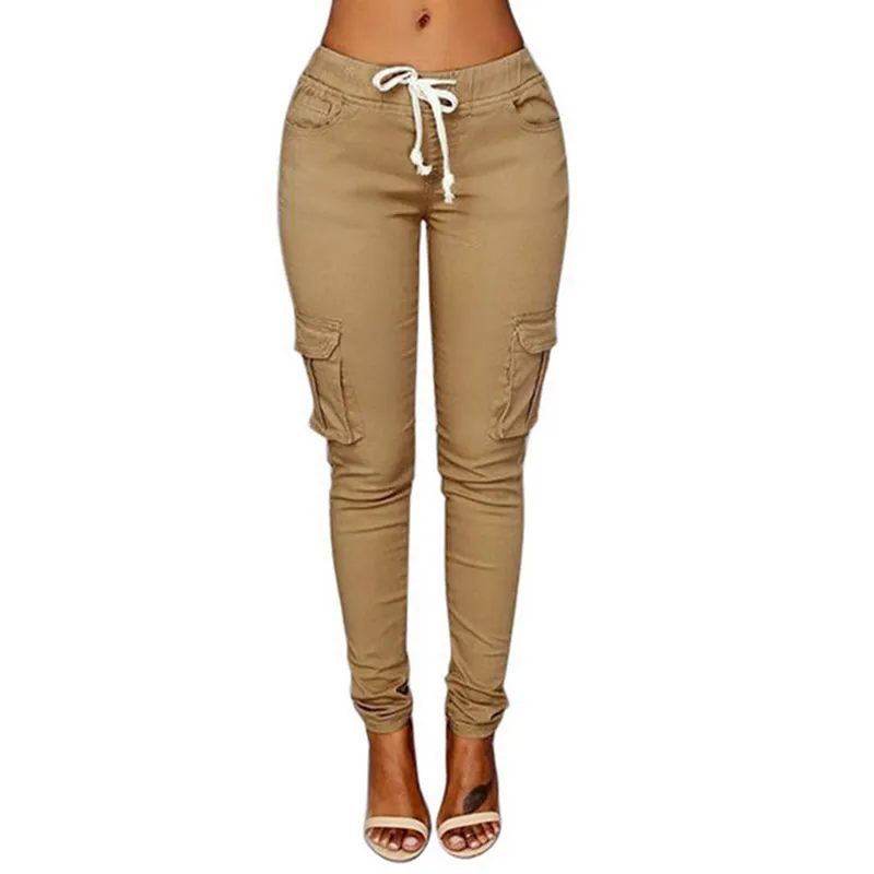 2019 Wiosna Lace Up Waist Casual Kobiety Spodnie Solidne spodnie ołówkowe Multi-kieszenie Plus Size Proste Slim Fit Spodnie