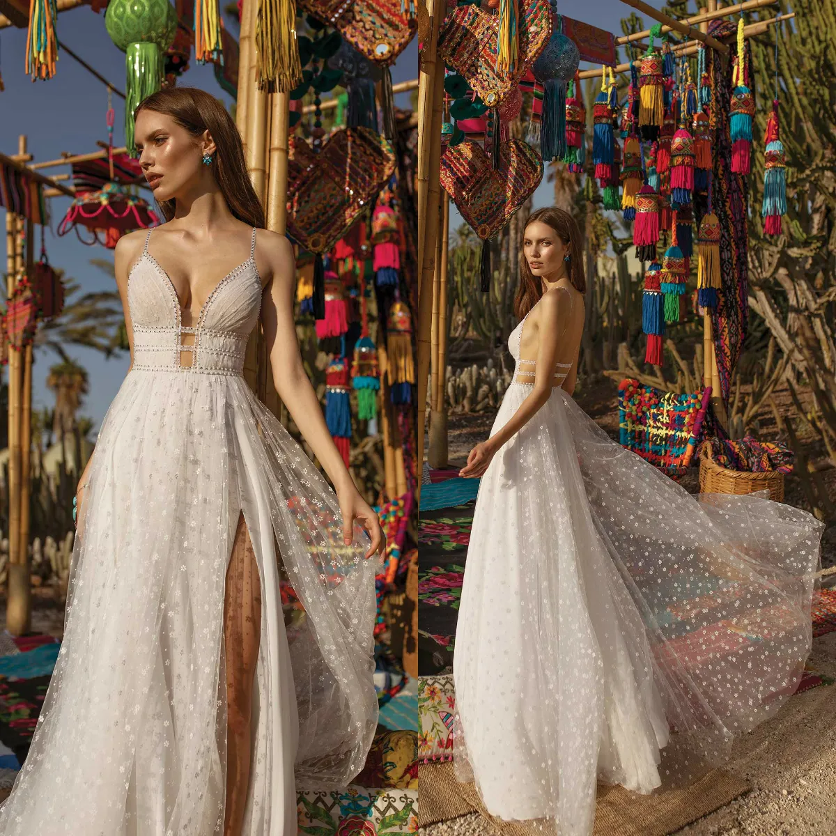 Dadush Tulle Asaf Wedding Dresses Lace Appliqued Beach Spaghetti V Neck A Line Bohemian Split Boho Bridal Gowns Vestido De Novia estido