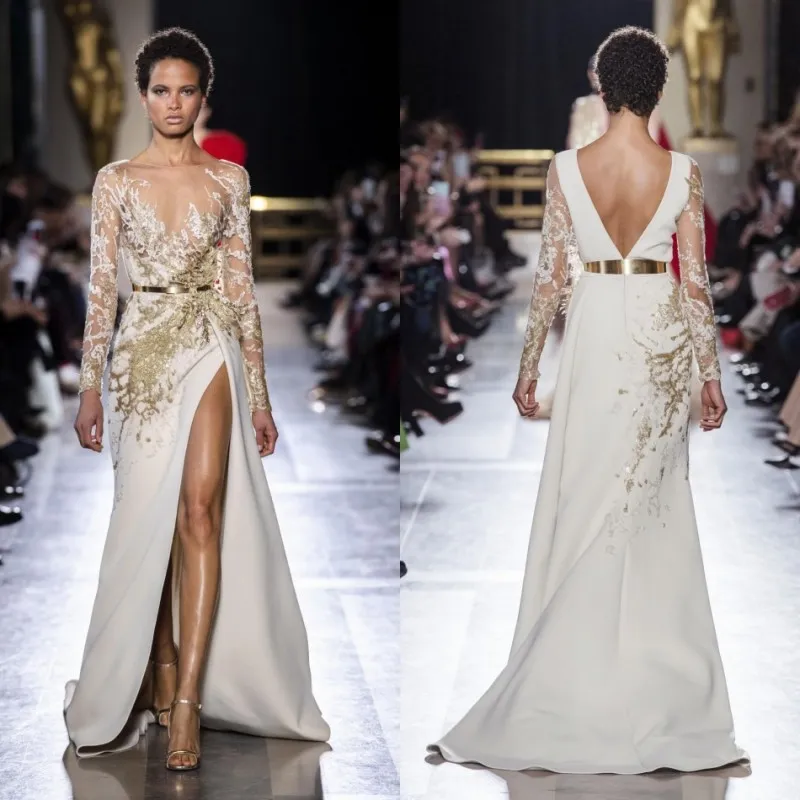 Fendu Elie Saab fente sirène robes de soirée paillettes perles dentelle appliqué robes de bal balayage Train à manches longues robe de soirée