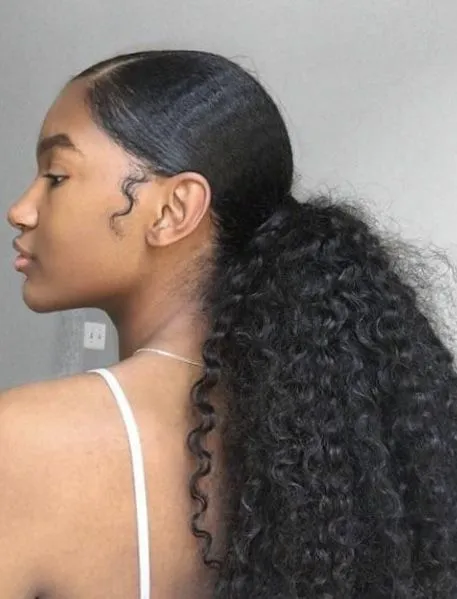 140g Natural Deep Wave Ponytail Extensions Elegant Low Drawstring Ponytail Full and Sleek Deep Wave Ponytail Hairstyle