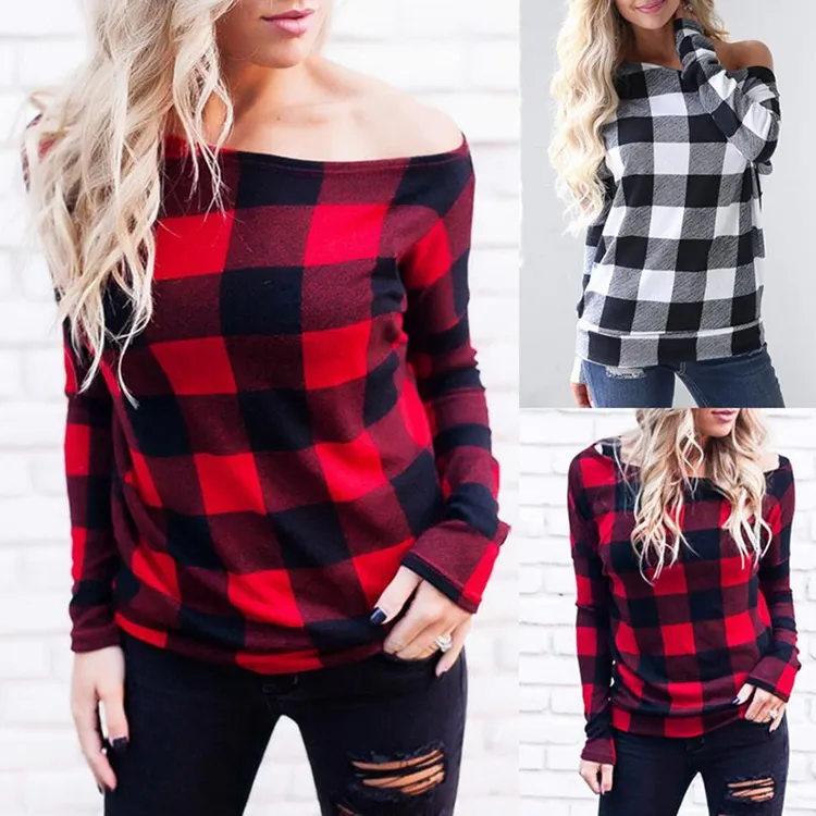 Vrouwenkleren Slash nek rooster t -shirt uit schouder schouder lange mouw hellende schouderbladen lente herfst dames kraamentjes plaid tees