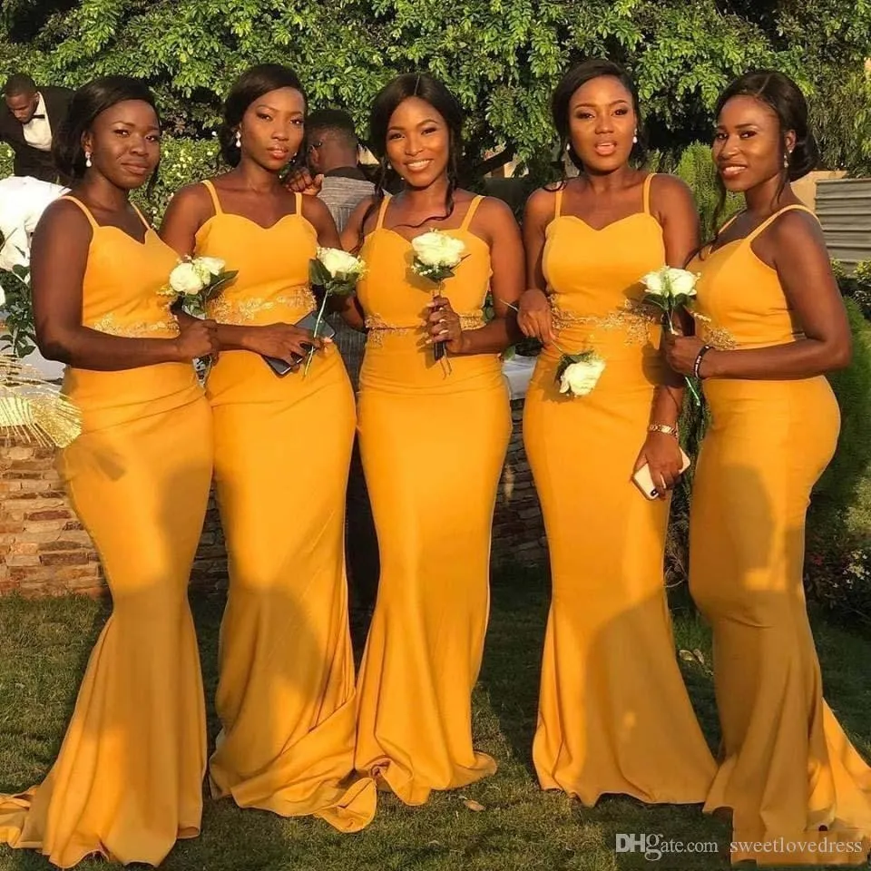 Robes de demoiselle d'honneur sirène jaune Sexy sud-africaines avec ceinture Spaghetti appliquées, robes d'invitées de mariage sur mesure, bon marché