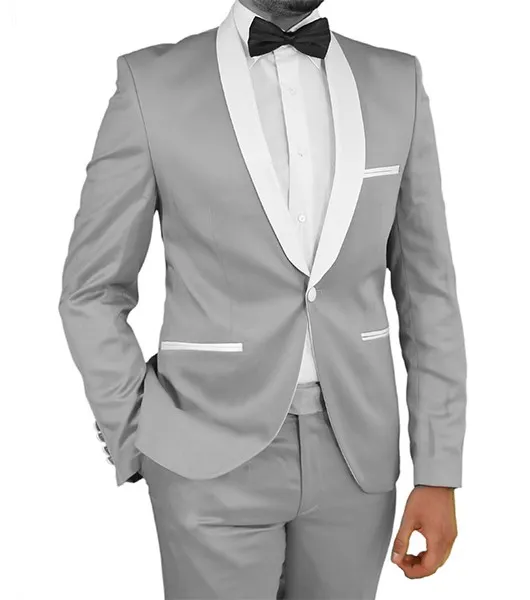 Tuxedos de marié gris argenté, châle à revers blanc, costumes de mariage pour homme, 2 pièces, veste et pantalon, nouvelle collection, 296m
