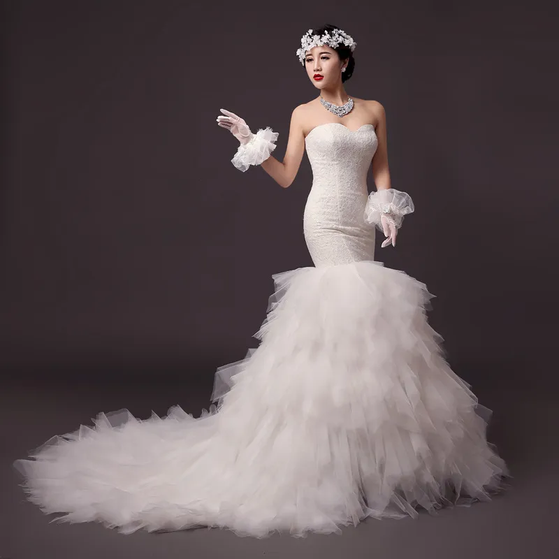 Elegant Sweetheart Mermaid Wedding Dress with 2M Train Vestido Sexy Tiered Top Lace Organza Wedding Gowns Bridal Dresses robe de mariee
