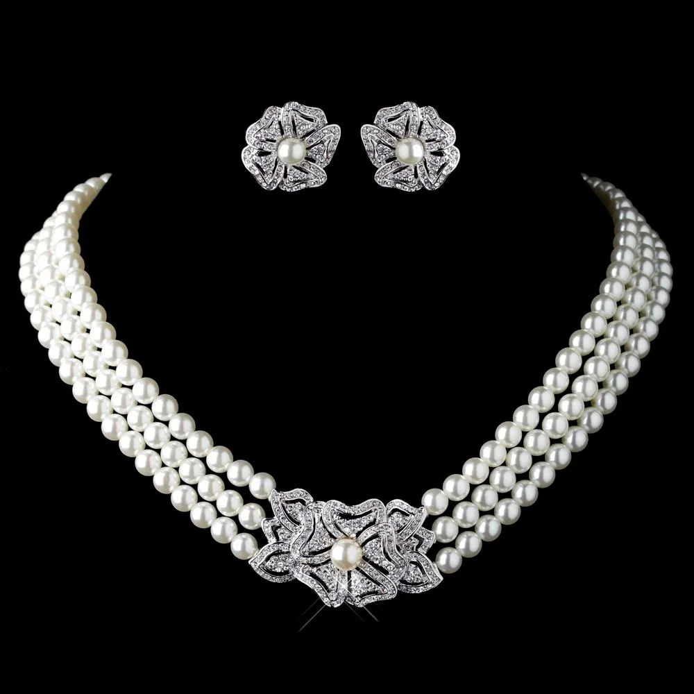 2019 trend fashion new elegant European and American bride jewelry set three rows of pearl rhinestone necklace earrings jewelry set