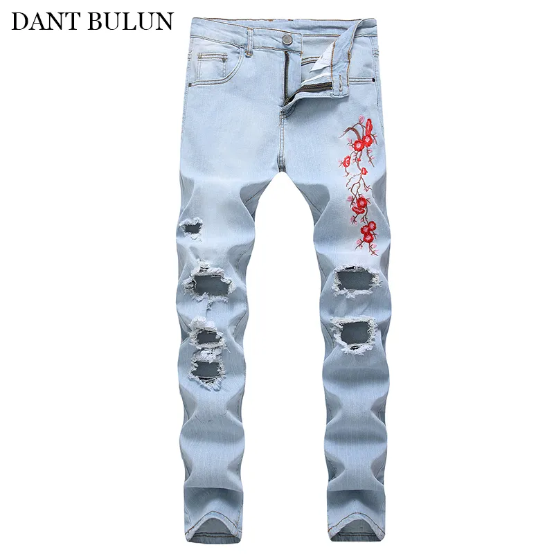 Moda męska Jean Kwiaty Haft Slim Fit Straight Casual Skinny Jeans Mężczyźni Stretch Denim Spodnie Ripped Hole Homme Spodnie