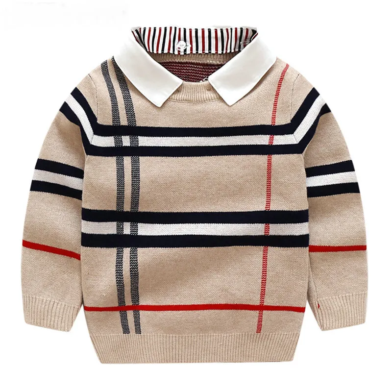 Jesień Ciepła Wełna Chłopiec Sweter Plaid Dzieci Knitwear Chłopcy Bawełniany Sweter Sweter 2-7y Dzieci Moda Odzież Odzieżowa