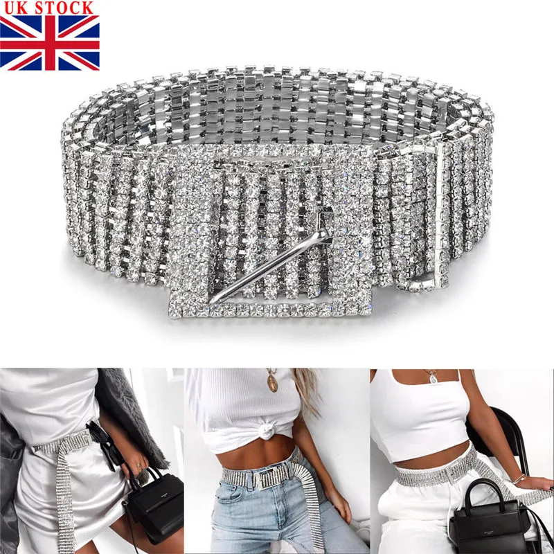 Female Silver Full Rhinestone Diamante Ladies Waist Charm Diamond Alloy Belt Fashion Accessory Casual One Size For Adults