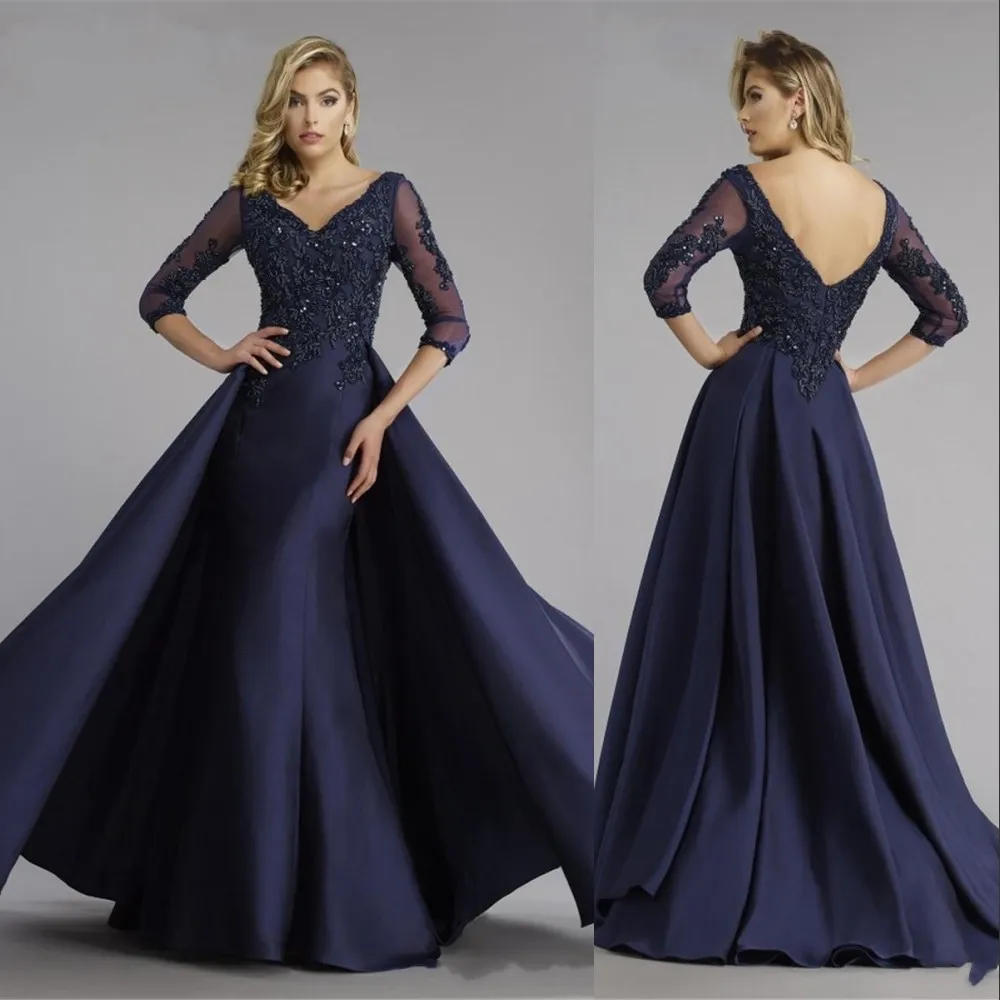 Vintage Mermaid Mother Of The Bride Dresses V Neck Lace Appliques Champagne Navy Blue Overskirt Sheer Long Sleeves Evening Wear Prom Gowns