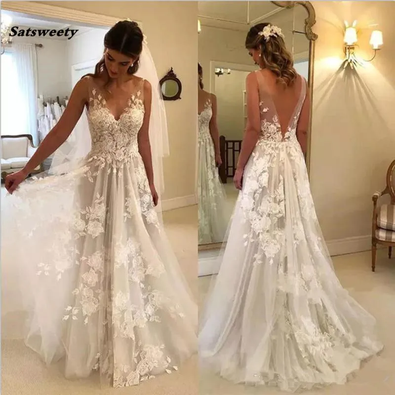 Hermosa playa Vestidos de novia Flores con cuello en V Encaje vestido de novia sin respaldo Hermosa playa Vestidos de novia Flores con cuello en V Encaje vestido de novia sin respaldo