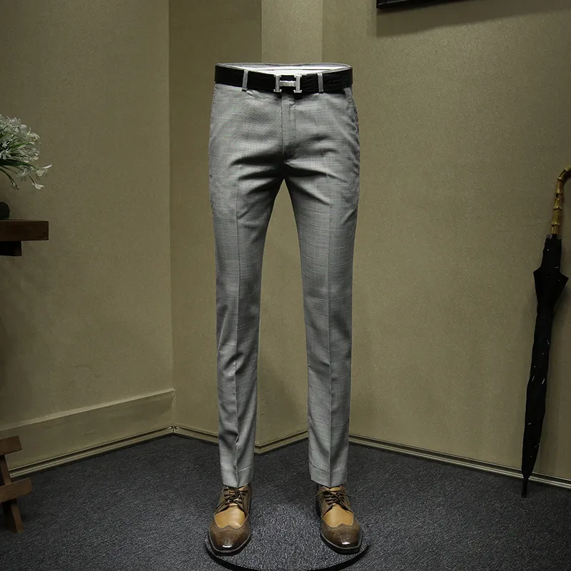 Vestido de hombre pantalones gris a cuadros slim fit trajes formales conjunto moda gris oficina pantal n hombres pantalones largos formal de negocios
