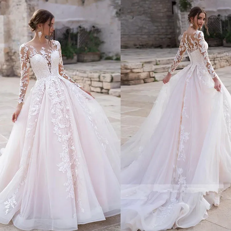 2020 Abiti da sposa sexy Scoop Illusion a maniche lunghe Applique in pizzo Tulle Abiti da sposa Cappella strascico Cerniera Abito da sposa posteriore