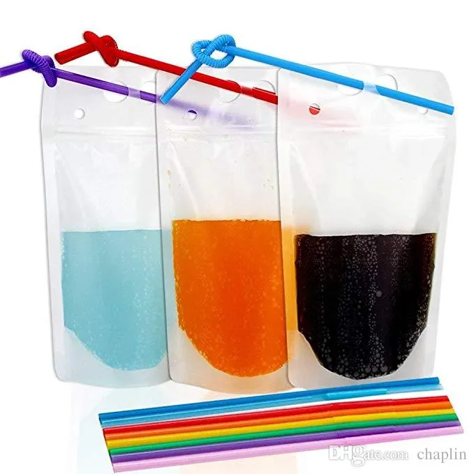 Sacchetti per bevande da 500 ml con sacchetti per frullati di paglia Sacchetti per succhi Sacchetti per bevande di ghiaccio richiudibili traslucidi tenuti in mano per impieghi gravosi
