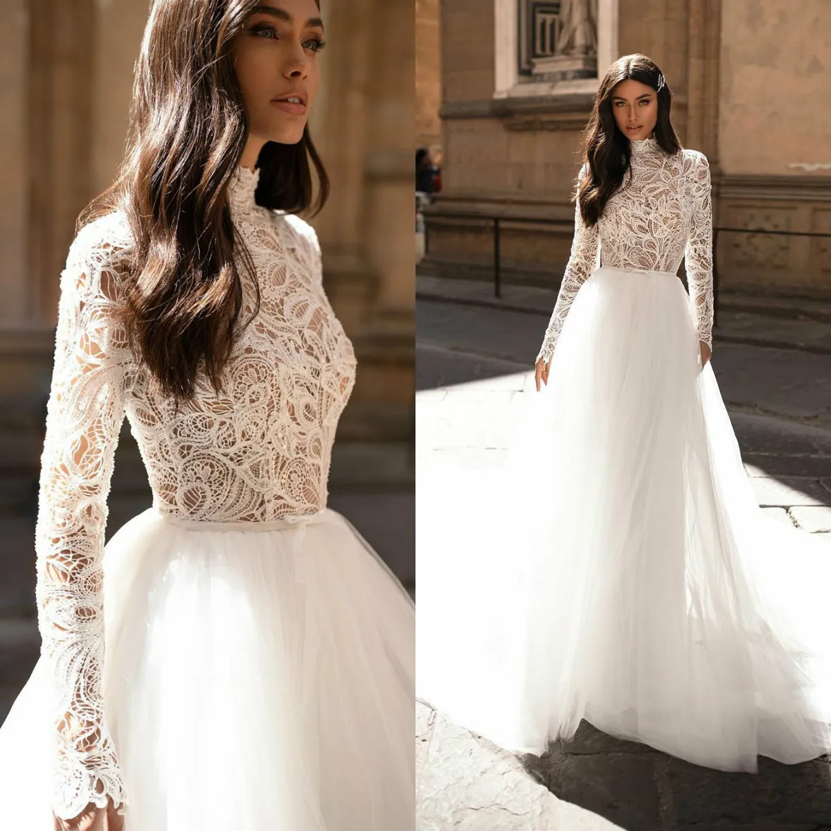 Robe de mariée en dentelle, haut à manches longues, col haut, style bohème, en Tulle, robe de plage personnalisée, 2020