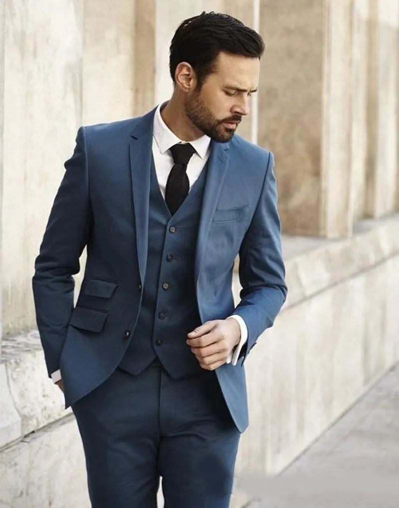 Ultimo design due bottoni blu navy abiti da uomo da sposa tacca risvolto tre pezzi smoking da sposo business (giacca + pantaloni + gilet + cravatta) W1139