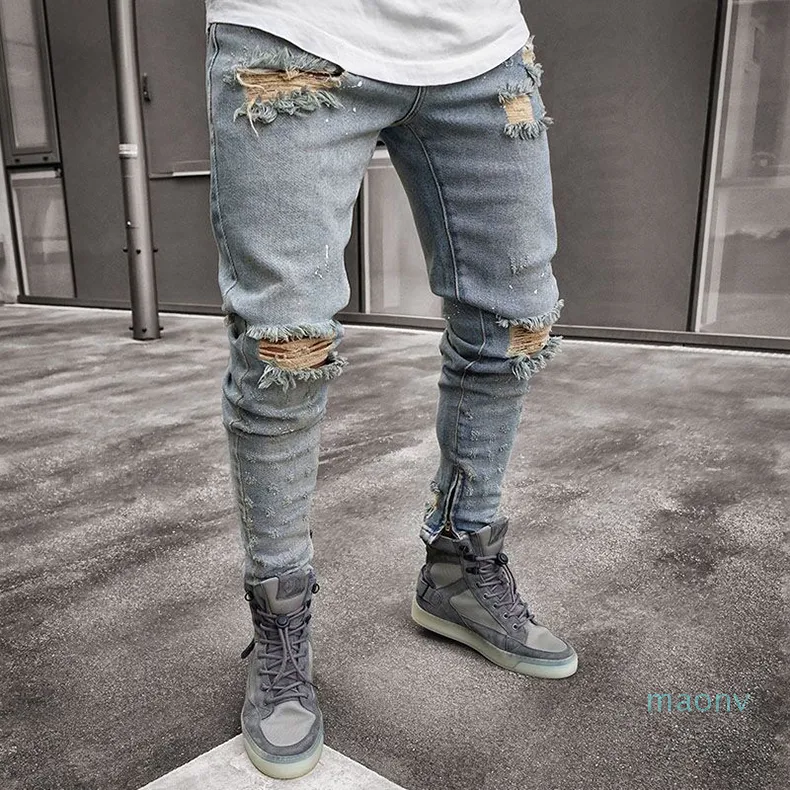 Gros-Denim Bleu Ripped Designer Jeans Vêtements Pour Hommes Drapés Slim Fit Trous Zipper Crayon Pantalon Hombes Pantalones YE08