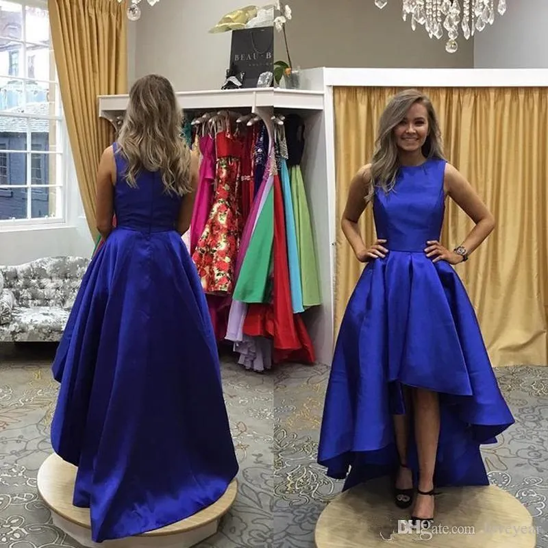 Elegant Royal Blue Satin High Low Prom Dress Sleeveless Formal Evening Gown