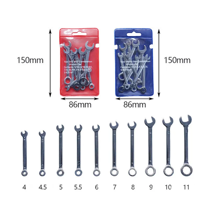 Handverktyg 10st / set Metric / Inch Ratchet Kombination Skiftnyckel Set Hem Cykel Motorcykel Bil Reparation Ring Spanner Socketnycklar