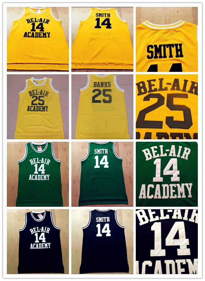 Gestikte film The Fresh Prince of Bel-Air #14 Will Smith Academy 25 Carlton Banks Zwart Groen Geel Basketbalshirt Geborduurd Gestikt