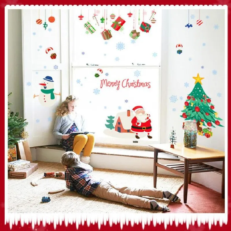 Gott Nyår Fönster Santa Claus Cristmas Tree Wall Stickers