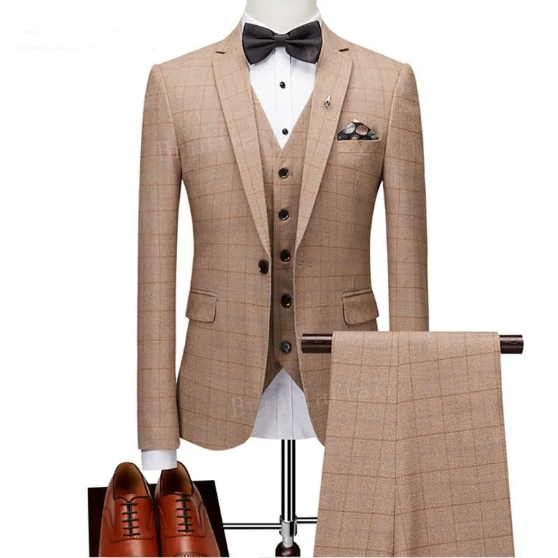 Moda Erkek Takım Elbise 3 Adet Balo Gelinlik Örgün Slim Fit Ekose Erkekler Suit Set Damat Smokin 2018 (Ceket + Pantolon + Yelek) Terno