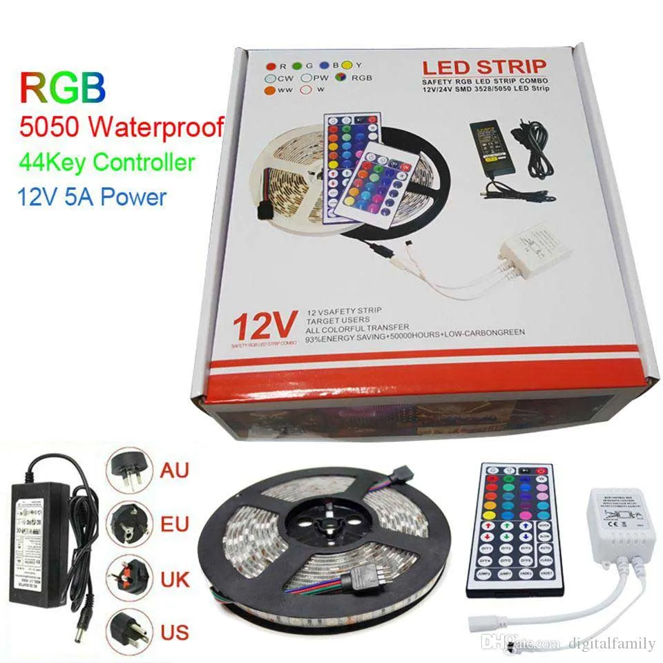 Светодиодная лента RGB 5M 5050 SMD 300Led Водонепроницаемый IP65 + 44Key Контроллер + Трансформатор питания с коробкой Рождественские подарки Розничная упаковка