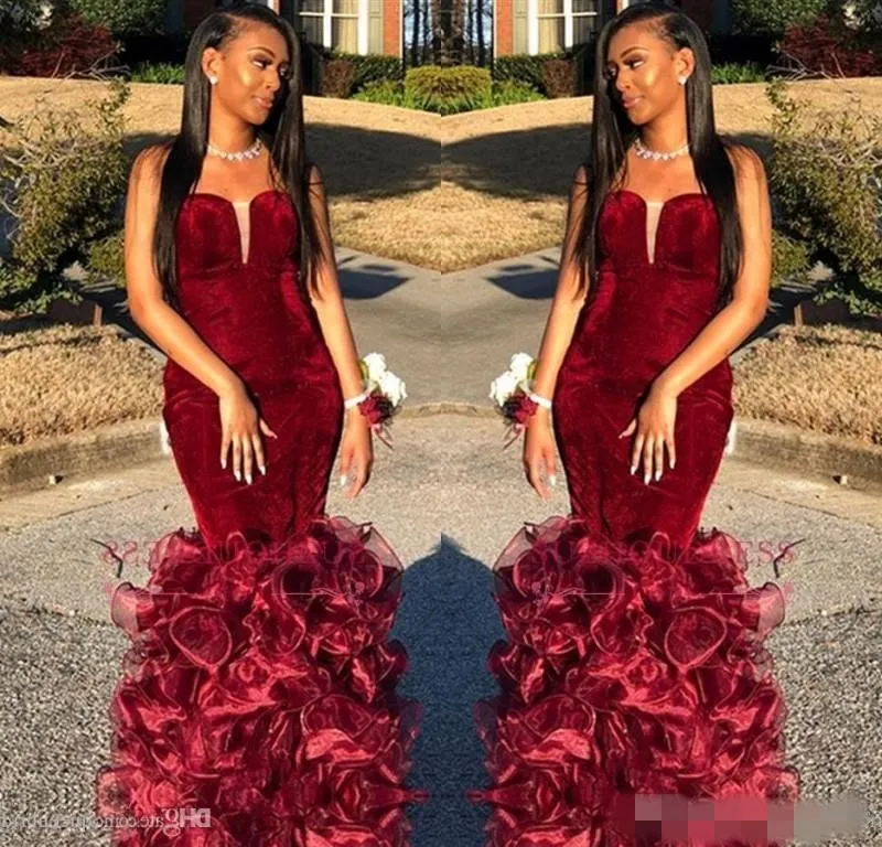 Burgundy Velvet Mermaid Burgundy Prom Dresses 2022 With Tiered