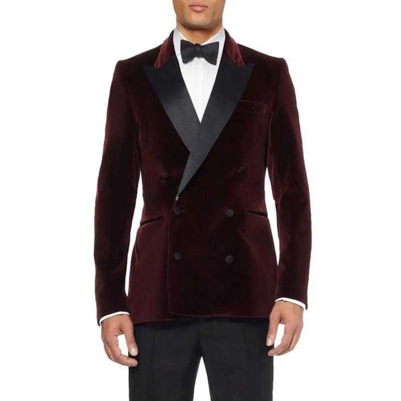 Red Velvet Tailcoat Tuxedo Jacket Män kostym Brudgum Tuxedos Groomsmen Wear Wedding BrideGrum Prom kostym (Jacket + Pants + Bowtie)