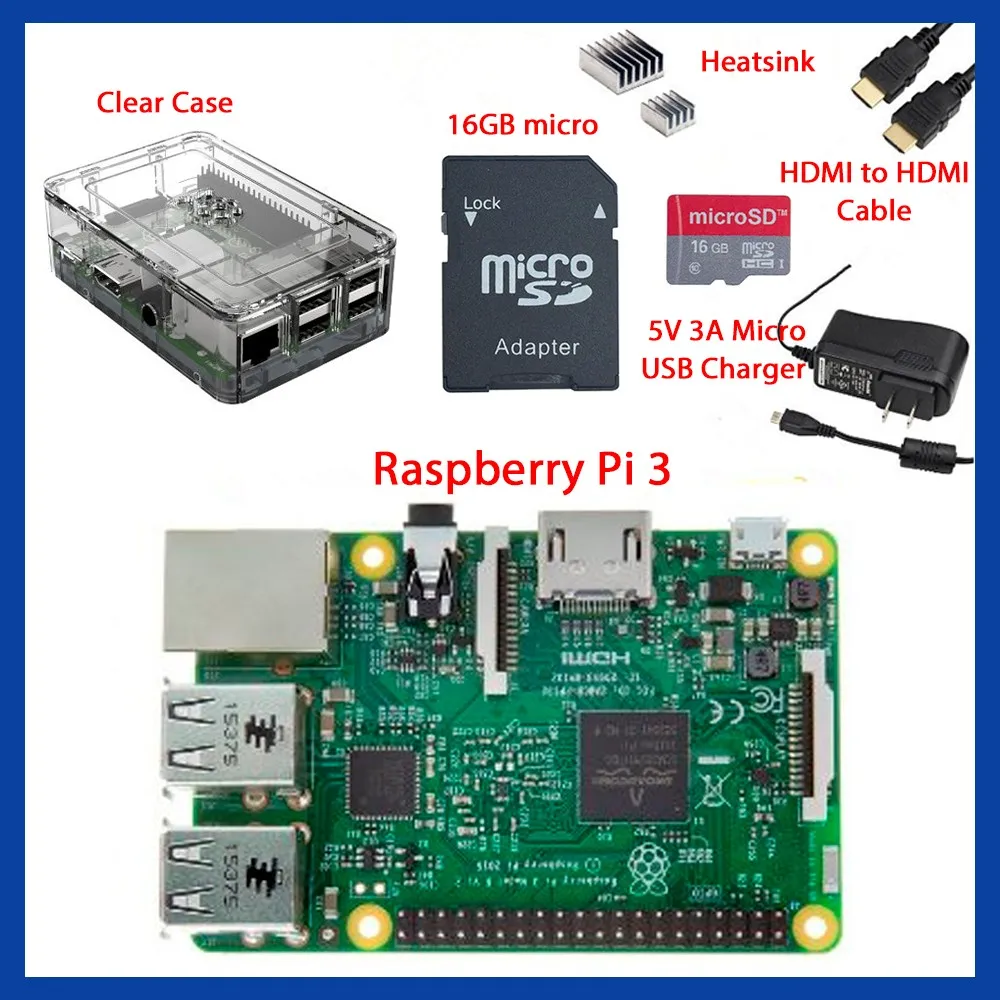 EU-Standard-Netzteil, komplettes Starter-Kit, transparentes Gehäuse, 16 GB, mit Noobs Heatsink Edition für Raspberry Pi 3, kostenloser Versand