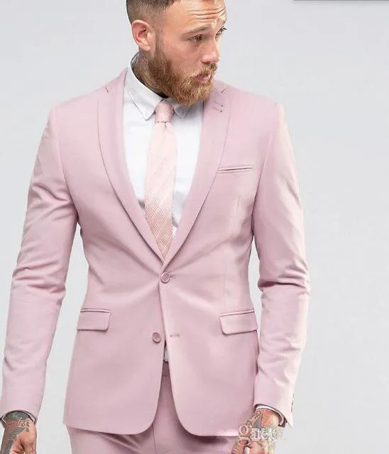 Nieuwe Collectie Licht Roze Mannen Past Slim Installatie Party Jurk Groomsmen Tuxedos voor Strand Bruiloft Jonge Mannen Twee Stukken (Jack + Pant)