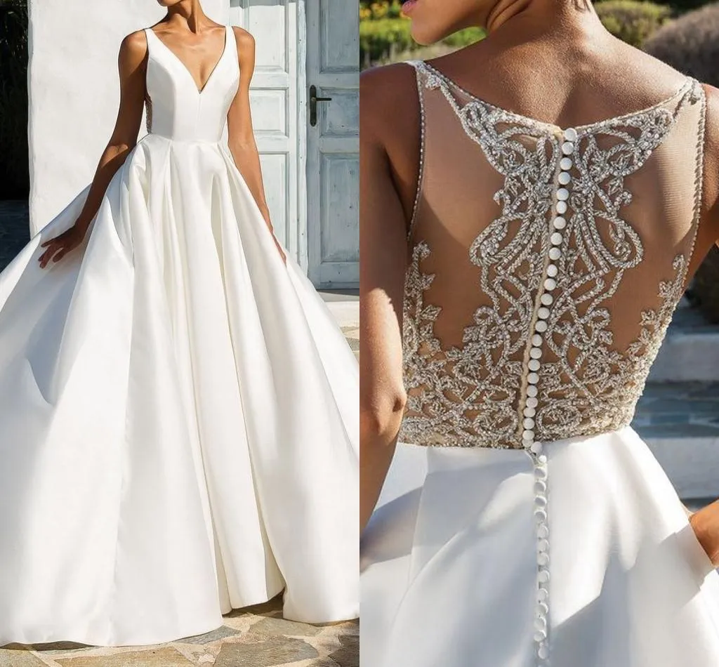 Yeni Moda A Hattı Dantel Gelinlik Boncuklu Spagetti sapanlar Illusion Geri cübbesi de mariee vestido de Noiva casamento vestidos de Noiva