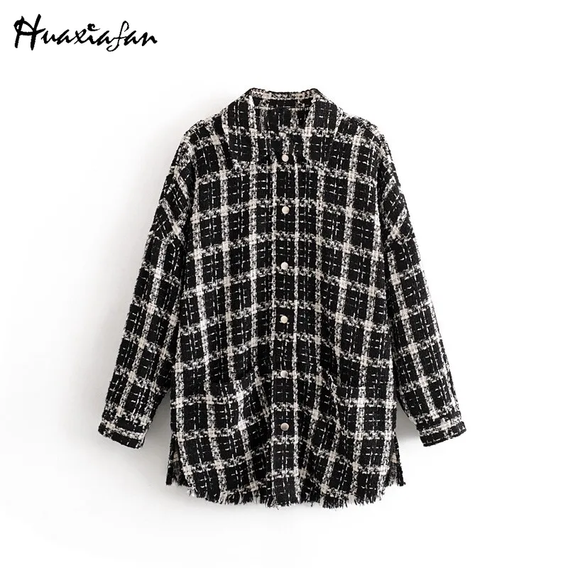 Huaxiafan Jacke Mantel Plaid Frauen Winter Jacken Schwarz Mode Lässig Lose Mäntel Femme Outwear Split Streetwearing Mujer