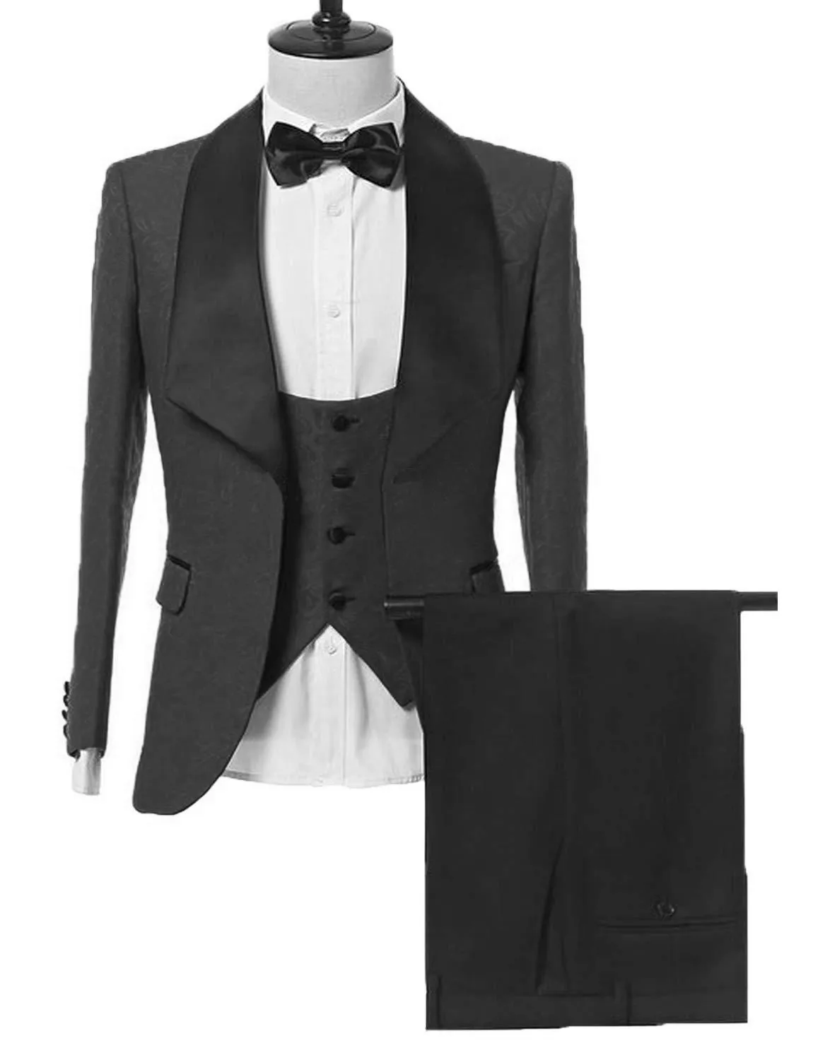 Gli uomini più nuovi si adattano al modello nero e allo smoking dello sposo nero solido Scialle in raso Risvolto Groomsmen Wedding Best Man (giacca + pantaloni + gilet + cravatta) L430