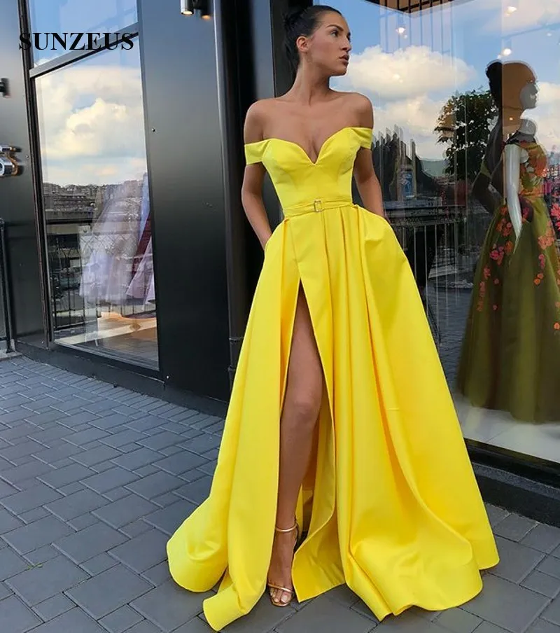 Off Shoulder Sweetheart Yellow Avondjurken A-lijn Lange Satijn Formele Jurk Vloer Lengte Simple Lady Party Glozen Vestidos Largos