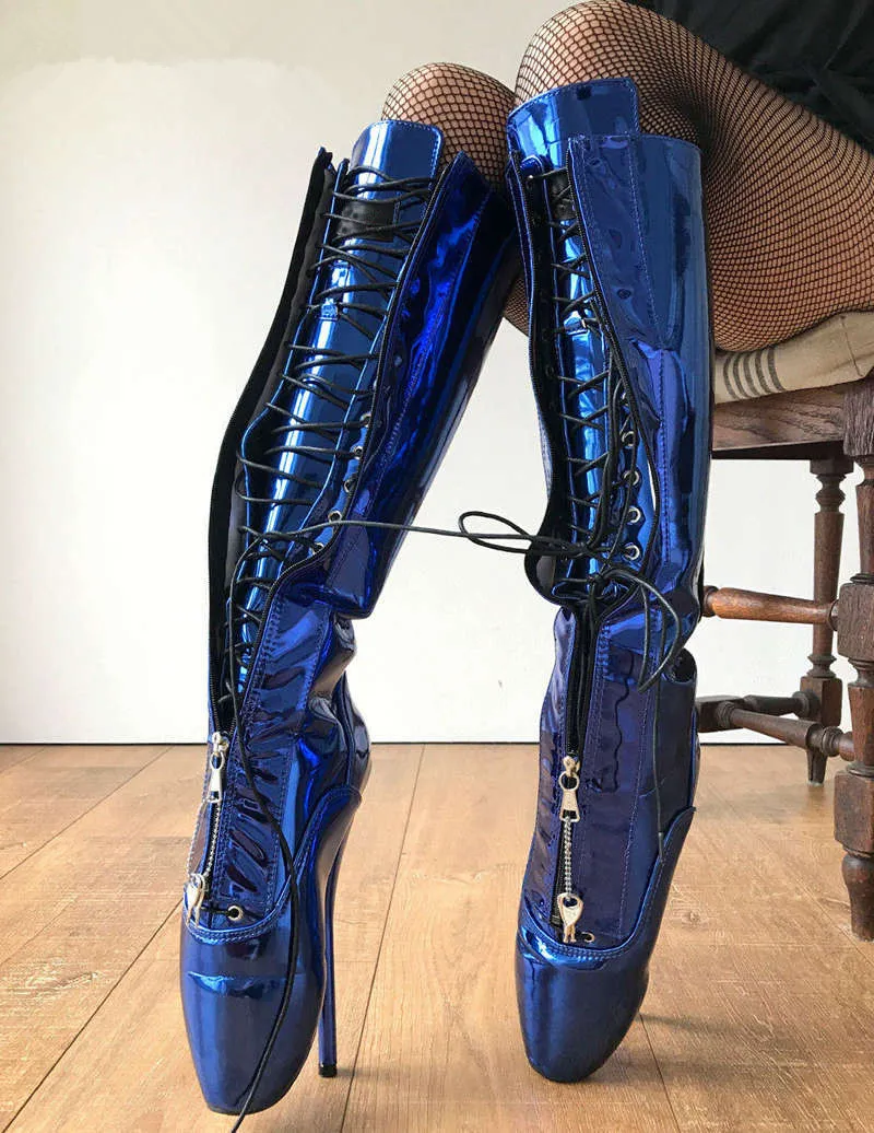 Metallic Royal Blue Boots Woman Sexy Fetish High Ballet Pointe Shoes Women Stilettos Ballet Lockable Zipper Lace Up Unisex Boots