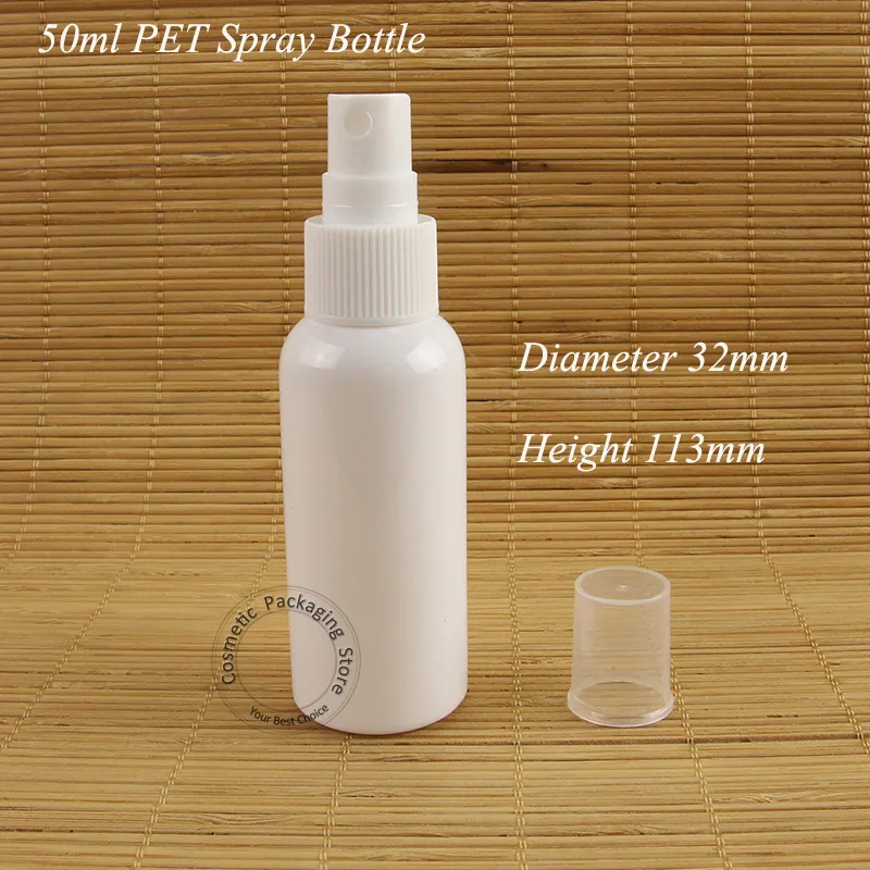 30 stks / partij Promotie 50ml Plastic Spray Fles Wit Huisdier Verstuiver Dames Cosmetische 5 / 3OZ Container Parfum Vulbare verpakking