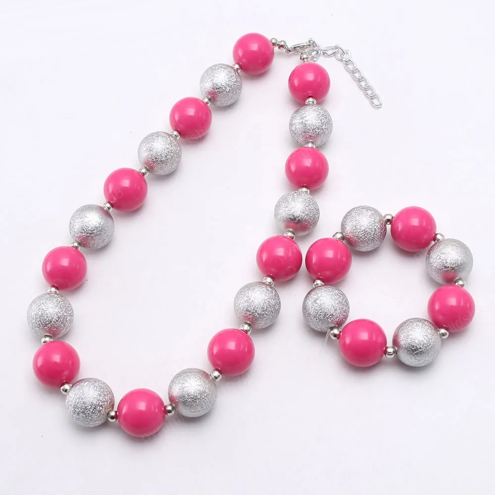 Simpatici braccialetti con collana di perline rosa caldo/argento, gioielli per bambini, per bambini, collana di perline adorabile