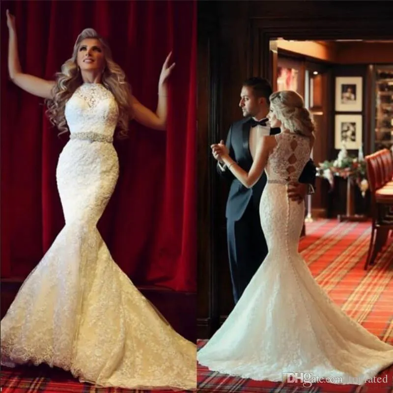 Full spets nya sjöjungfruklänningar med skärppärlor SEAMBER STEVELESS SEW Train Wedding Dress Hollow Back Bridal Clows Robe de Marie