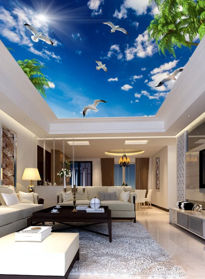 3 d天井の壁画の壁紙青い空白い雲ココナッツの木の海鳥の太陽の天井