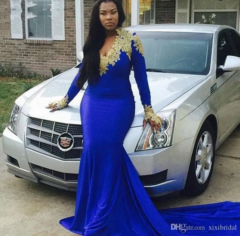 African Plus Size Royal Blue Mermaid Prom Jurken Gouden Applicaties Lange Mouwen V-hals Avondjurk Formele Partyjurken Gewaden De Soirée