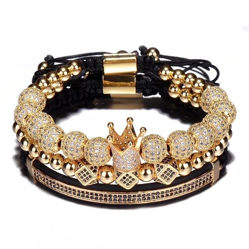 3 sztuk / zestaw Hip Hop Gold Crown Bransoletki 8mm Cubic Micro Pave CZ Ball Charm Pleciony Splatanie Mężczyzna Luksusowa Biżuteria Pulseira Bileklik C19041601