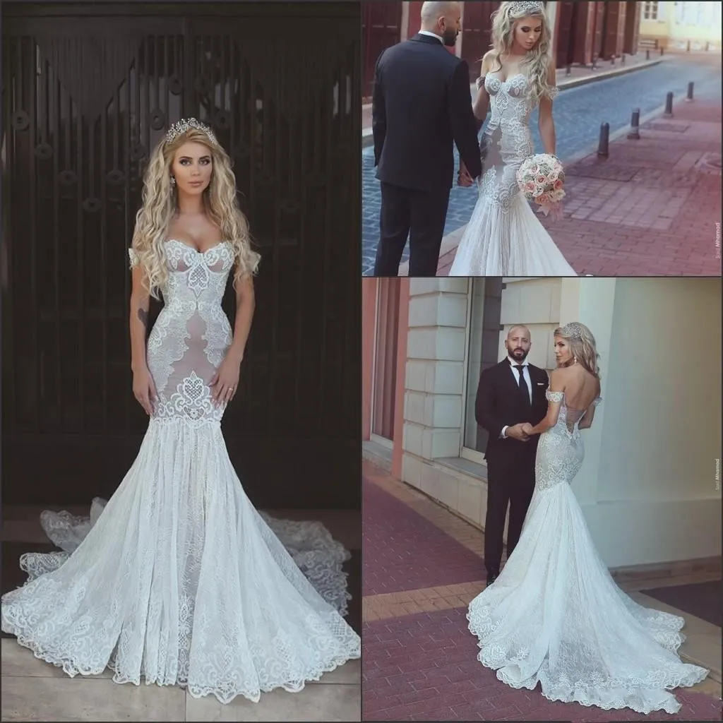 Elegant Off-Shoulder Mermaid Lace Wedding Dress with Corset Back and Sweep  Train, Plus Size Available