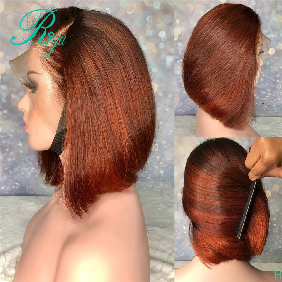 Partie latérale 13X4 150% rouge orange Ombre couleur brésilienne pleine perruque avant de lacet court Bob Cut Blunt Pixie perruques synthétiques pour les femmes noires