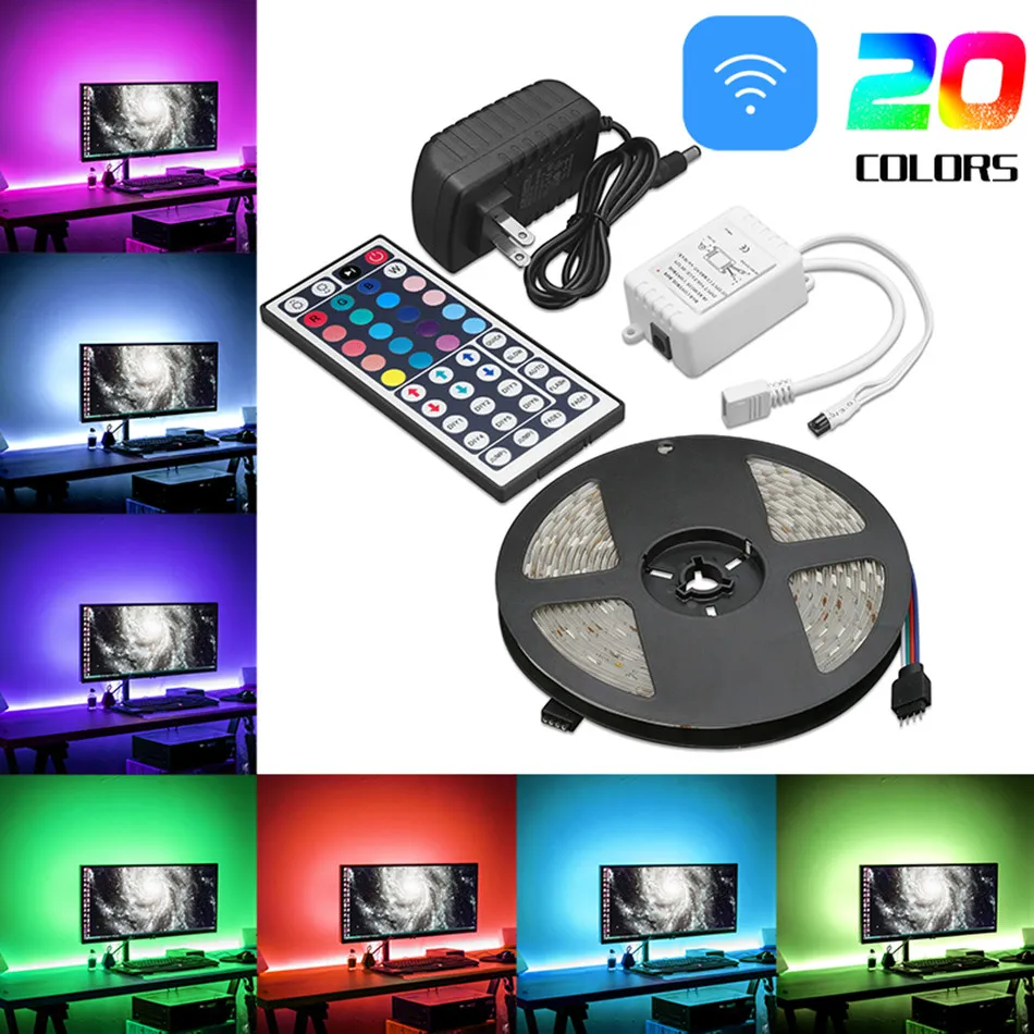 5 متر RGB 5050 ماء LED قطاع ضوء SMD 44 مفتاح بعيد 12 فولت الولايات المتحدة الاتحاد الأوروبي السلطة كيت كيت الصمام مرنة ضوء الشريط مع حقيبة OPP