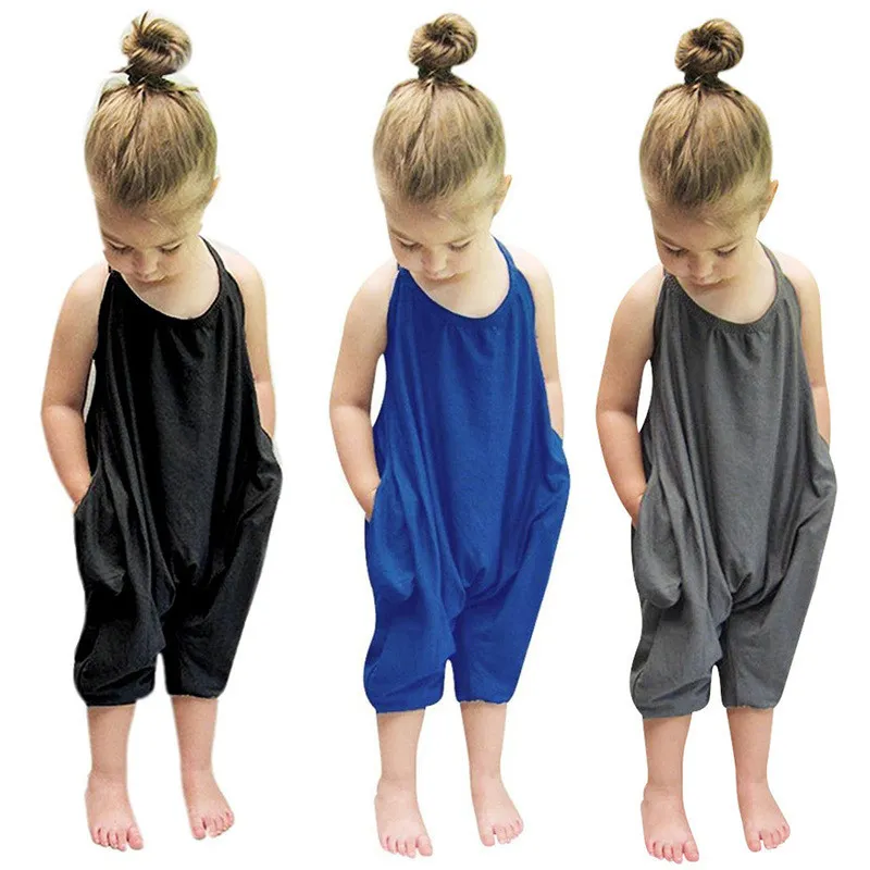 Kids Baby Girls Summer Clothes Strap Jumpsuit Sleeveless Sling Solid Color Rompers Children Summer Casual Clothes dc240