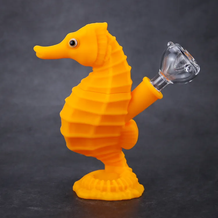 Seahorse shape portable hookah silicone dab rigs glass bong silicone water pipes unbreakable hookah silicone dab straw oil rig bong