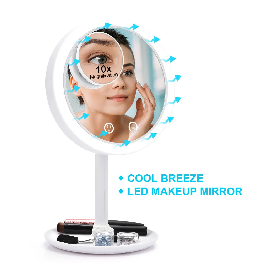 LED Makeup Mirror with LED Light Vanity Mirror 10X Magnifying Mirror with Fan 180 Rotation Table LED Light Tools