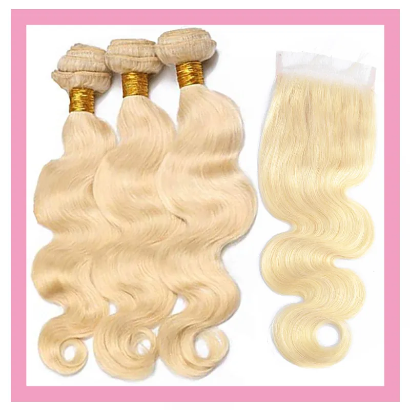 Indian Virgin Hair Blonde Human Hair with 4x4 spetsstängning Body Wave 3 Bunds med fyra av fyra 613# Färgkroppsvåg