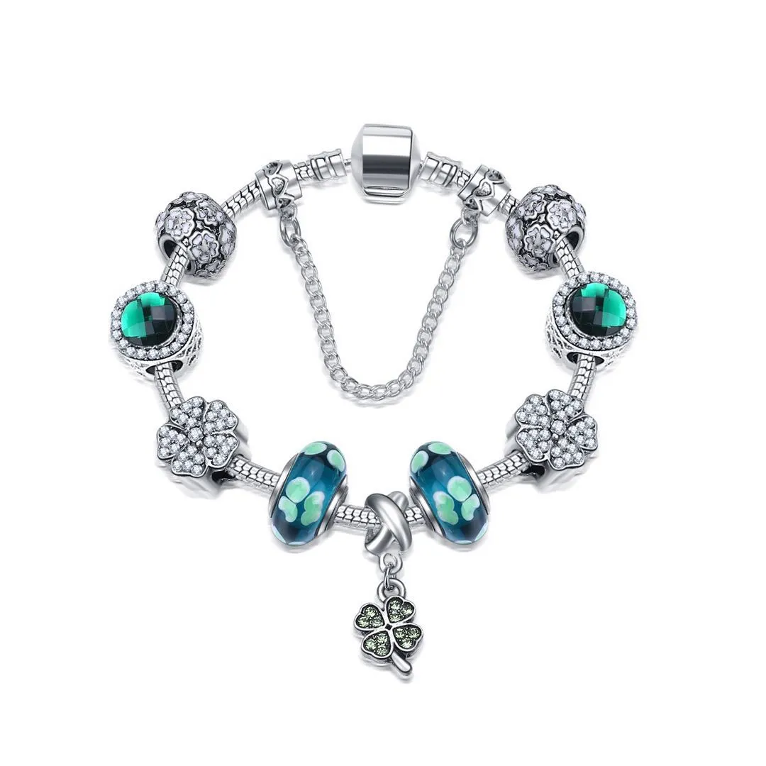 18-21CM nouveaux bracelets de trèfle à quatre feuilles charme pendentif à quatre feuilles perles de cristal vert chanceux 925 bracelet en argent bijoux à bricoler soi-même