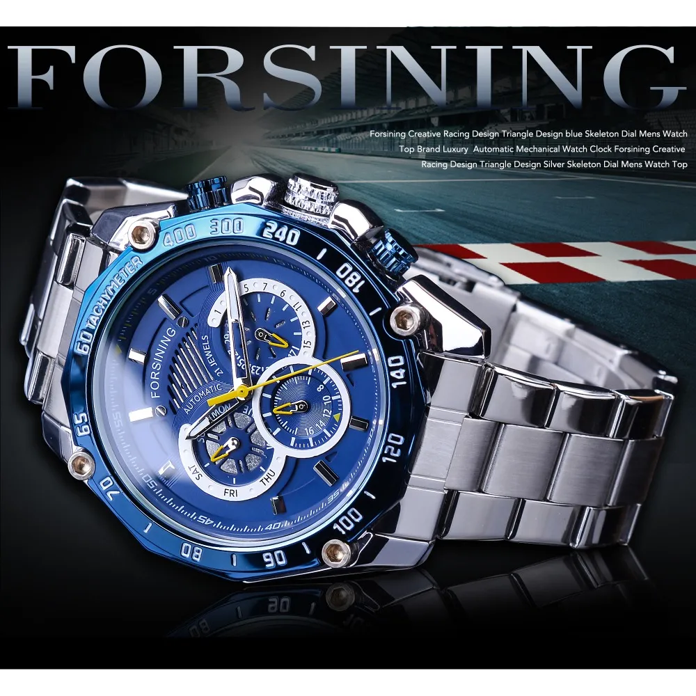 Forsining New Blue Design Calendario completo 3 Quadrante piccolo Argento Acciaio inossidabile Orologi meccanici automatici da uomo Orologio248f